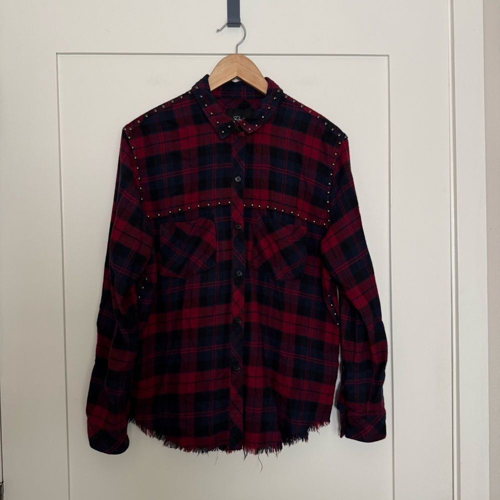 Rails Rex Scarlet Shirt Womens Sz M Red Navy Plaid Studded Button Up Grunge